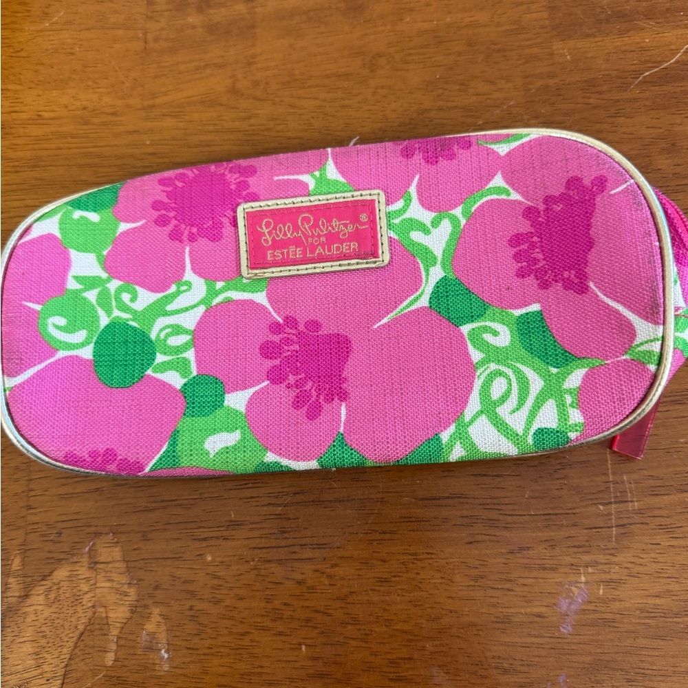 Lilly Pulitzer Estee Lauder Pink Green Floral Pouch cosmetics bag top zip 8x5x2
